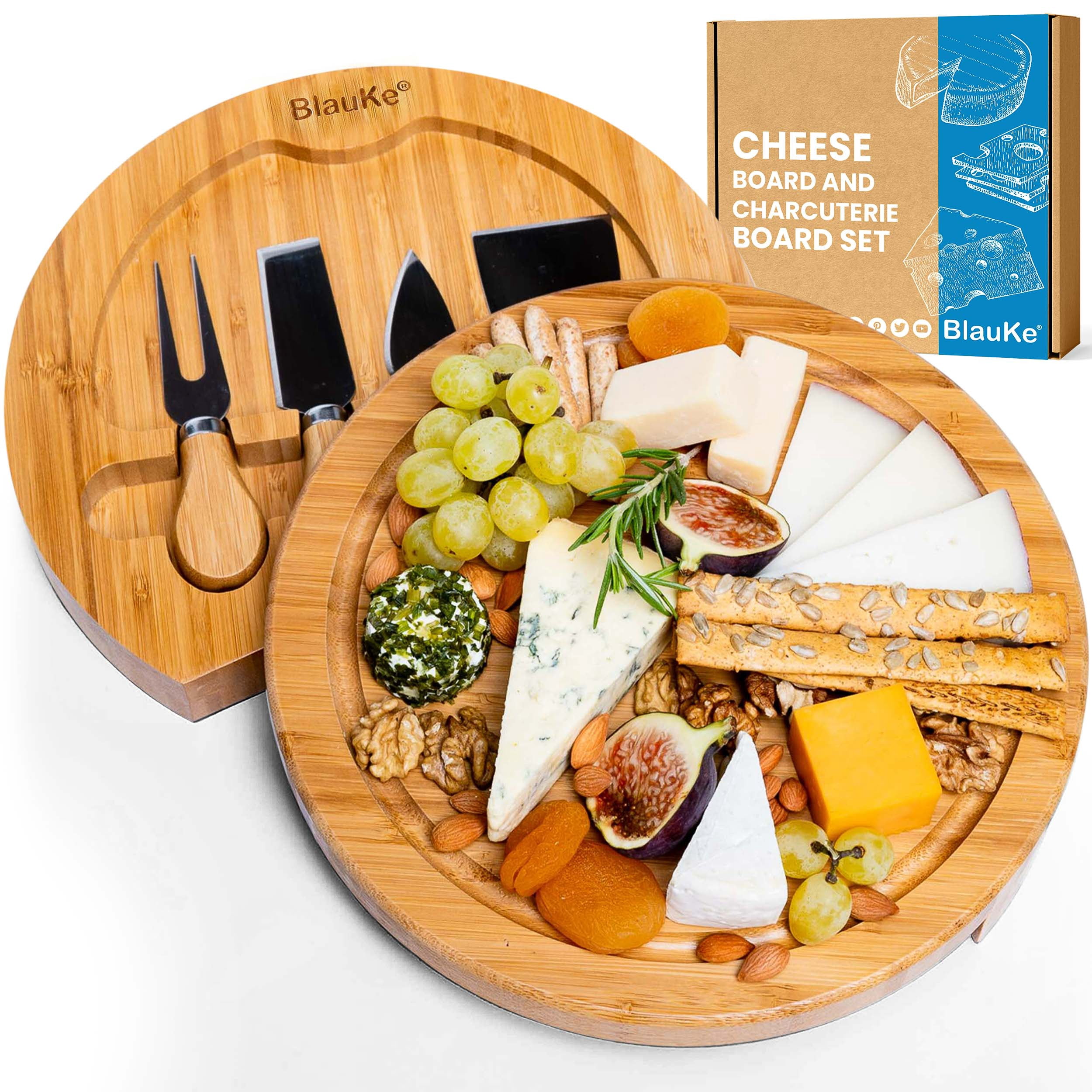 BlauKe Bamboo Cheese Board and Knife Set  10 inch Round Charcuterie Board, Serving Tray, Platter, Wood Cheese Board Set  Gift Idea