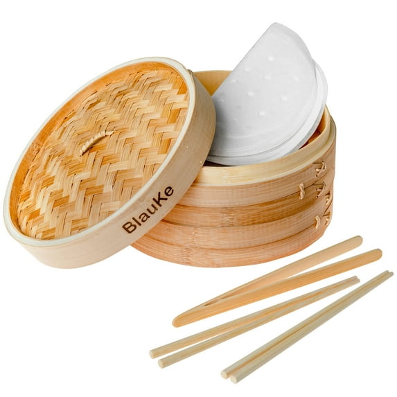 BlauKe® 10 Inch Bamboo Steamer Set with Chopsticks, Tongs, 50 Liners ...