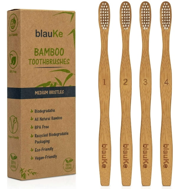BlauKe® Bamboo Toothbrushes Medium Bristles 4Pack Biodegradable