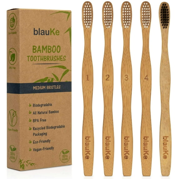 BlauKe® Bamboo Toothbrushes Medium Bristles 5-Pack – 4 White Wooden Toothbrushes, 1 Black Charcoal Toothbrush – Biodegradable Natural Eco Friendly