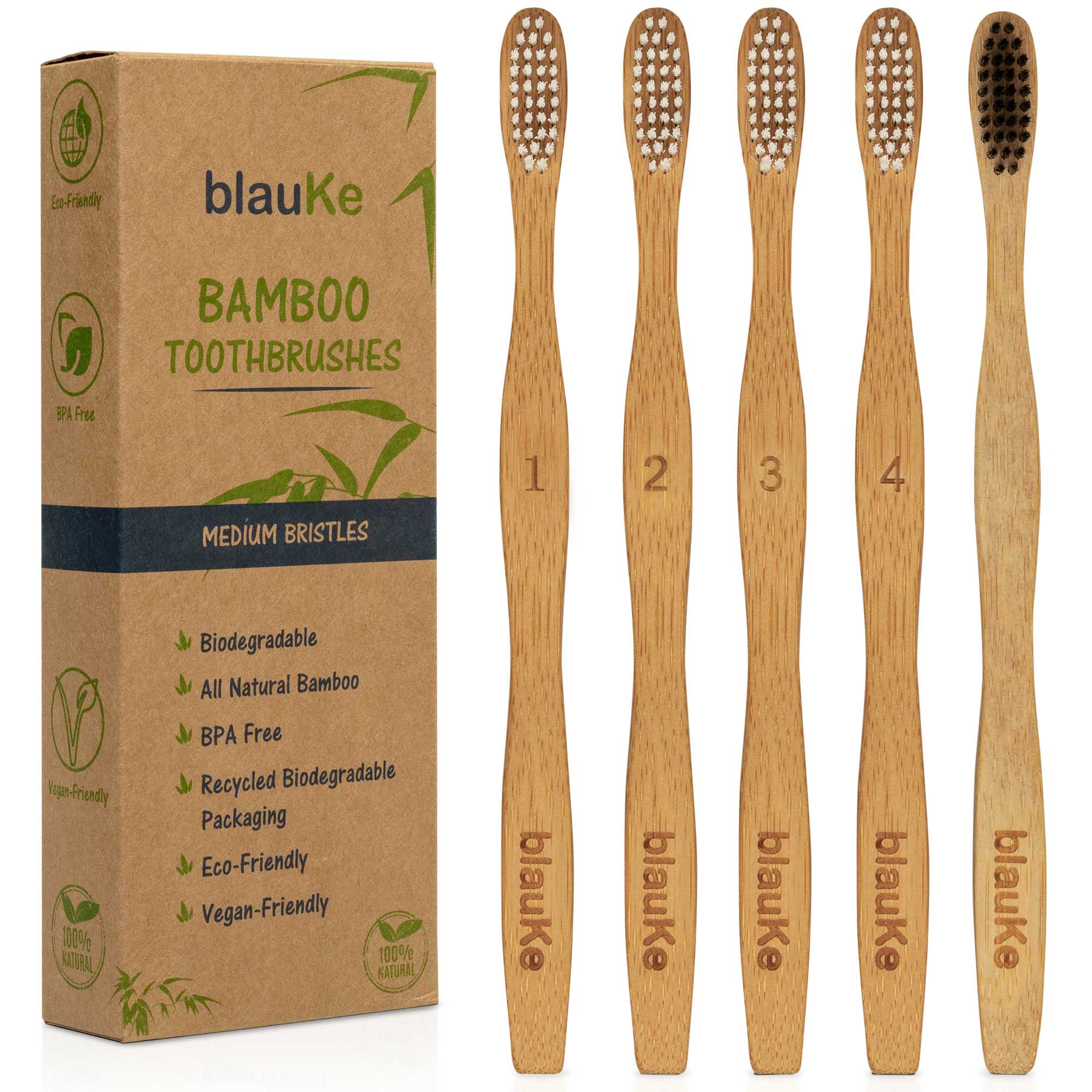 BlauKe® Bamboo Toothbrushes Soft Bristles 4Pack Biodegradable, Sustainable, Natural, Eco