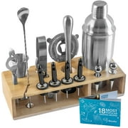BlauKe® Bartender Kit Bar Set with Stand – 17-Piece Mixology Cocktail Shaker Set - 25oz Martini Shaker, Jigger, Strainer, Muddler, Drink Mixing Spoon, Tongs – Stainless Steel Bar Accessories Tools