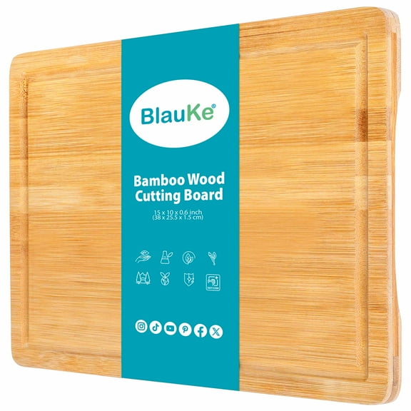 BlauKe Wood Cutting Board for Kitchen 15x10" Large Bamboo Cutting Board with Juice Groove and Handles Wooden Chopping Board, Serving Tray