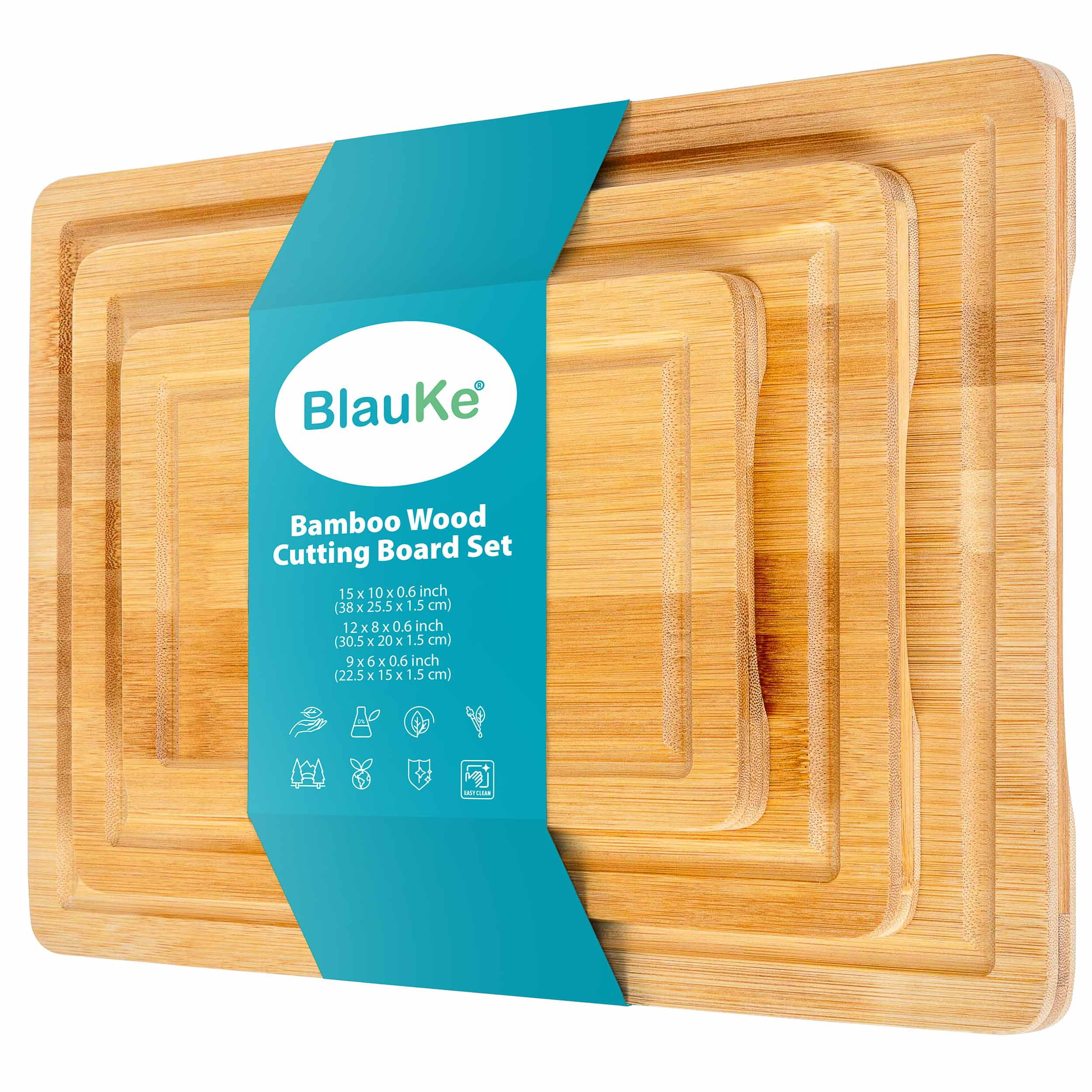 BlauKe® Wood Cutting Boards for Kitchen – Bamboo Cutting Board Set with Juice Groove and Handles – Wooden Chopping Board, Serving Tray