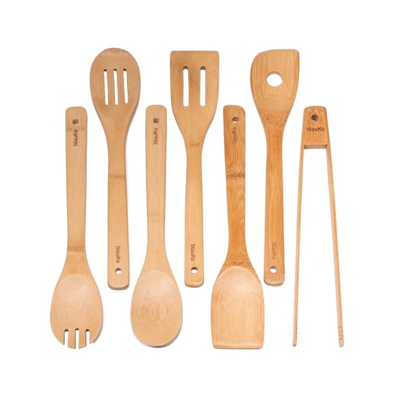 BlauKe Wooden Spoons for Cooking 7-Pack Bamboo Kitchen Utensils Set for Nonstick Cookware - Wooden Cooking Utensils Set, Wood Spatula Spoon Tongs
