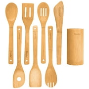 BlauKe  Wooden Spoons for Cooking 8-Pack   Bamboo Kitchen Utensils Set   Nonstick Wooden Cooking Utensils   Wood Spatula Spoon Tongs Utensil Holder
