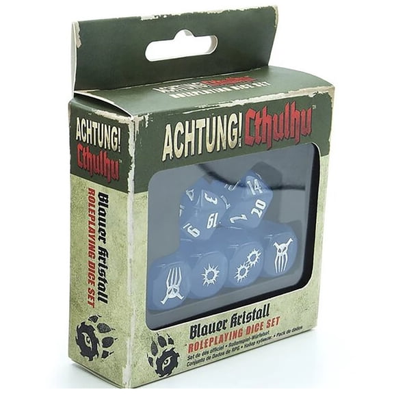 Achtung! Cthulhu 2d20: Blauer Kristall - 6pc Roleplaying Dice Set - Blue Crystal & White Numbers, d20 & d6, Secret War Squid Symbols, RPG Accessory