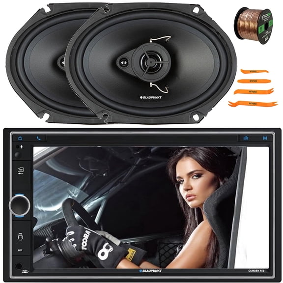 Blaupunkt CAMDEN 450 7 Touchscreen Double DIN Bluetooth USB/AUX AM/FM Radio Multimedia Digital Media Receiver, 2x 6x8" 60W Max Power 3-Way Car Speakers, 50 Feet 16 Gauge Speaker Wire, Pry Tool Set