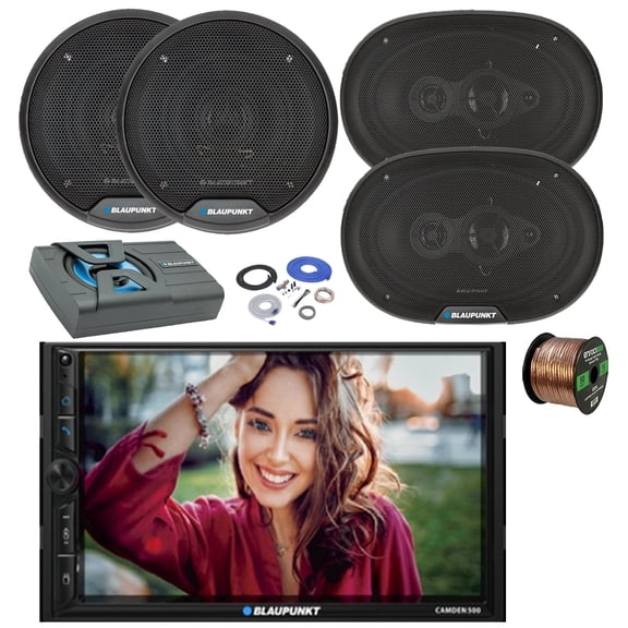 Blaupunkt CAMDEN 500 7" Touchscreen Double Din Bluetooth Stereo Receiver, 2x 6" 40W Full Range 3-Way Speakers, 2x 6x9" 70W 4-Way Car Speakers, 8" Amplified Subwoofer w/Install Kit, Wire