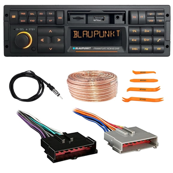 Blaupunkt FRANKFURT Single DIN 90s Retro Classic Bluetooth USB AM/FM Radio Car Stereo Receiver, Pry Tool Set, Radio Antenna, Speaker Wire, Wiring Harness for Select 19852004 Ford & Other Vehicles