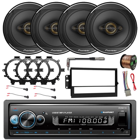 Blaupunkt IRVINE150 Single DIN Detachable Faceplate Bluetooth MP3 Receiver, 4x 6.5" 350W 4-Way Audio Speakers w/Antenna, Wire, Adapters, Speaker + Radio Harness, Install Kit (1994-2012 GM Vehicles)