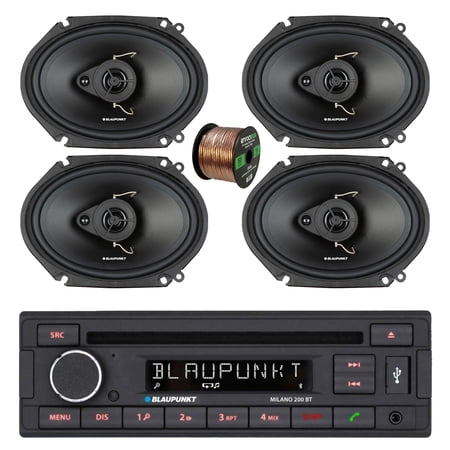 Blaupunkt Milano 200 BT Single Din USB Bluetooth AM/FM CD Stereo Receiver, 4x 6x8" 60 Watt Max 3-Way Car Audio Speakers w/Wire