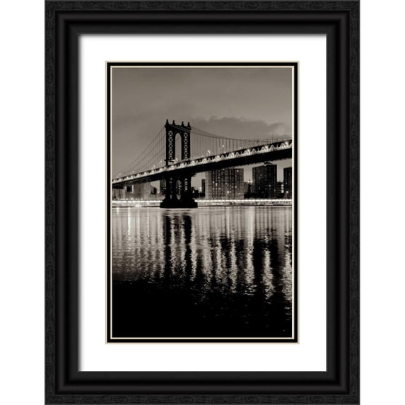 Blaustein, Alan 13x18 Black Ornate Wood Framed with Double Matting Museum Art Print Titled - Manhattan Bridge at Night