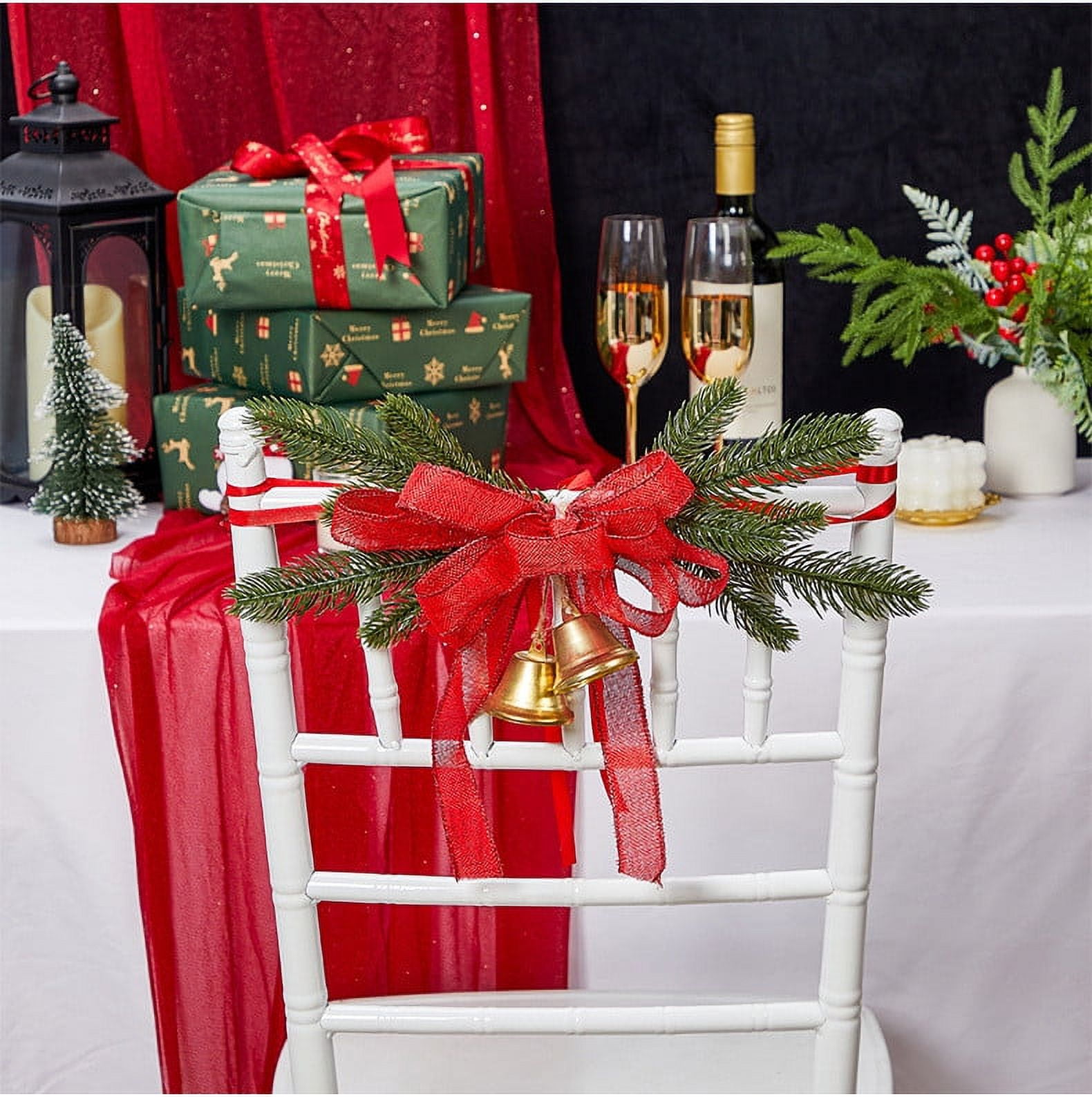 Blaxil Christmas Chair Back Flowers with Red Bow, Aisle Decoration, Holiday Banquet Berry and ...