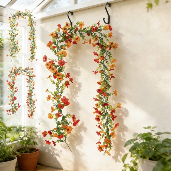 Blaxill Artificial Flowers Garland, Spring Decor, Summer Decor, Hanging Floral Vine, Silk Plastic, Red/Yellow, 1.80m, Party/Wedding