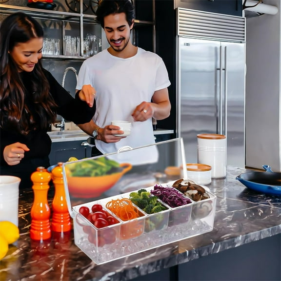 Blaxill Chilled Condiment Caddy Organizer | Clear Plastic 5-Compartment Tray with Ice Base and Drainage | Removable Containers | Fitted Lid | Dishwasher Safe | 16.06"x6.29"x4.40"