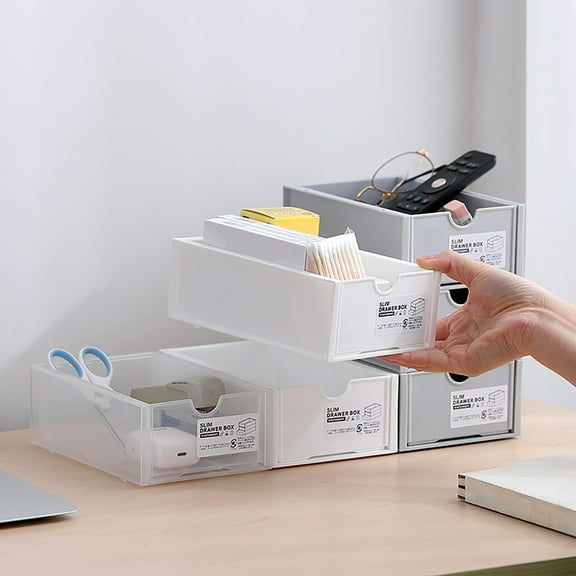 Blaxill Desk Organizer Drawer | Wide Open Design White | Stackable Storage Box | Durable Shatterproof Polycarbonate | Clear Front | Compact 7.48×4.53×2.56 in | 1 Count