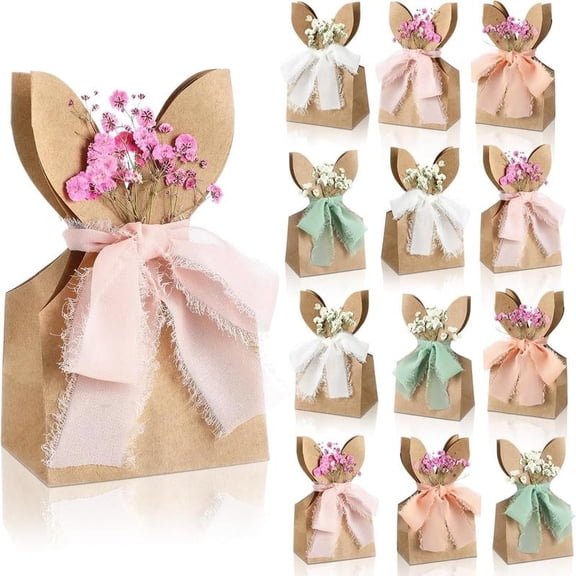 Blaxill Easter Decorations, Bunny Goodie Bags, Party Favors, DIY Gift Boxes, 12Pcs Kraft Paper, Bow Ribbon Flowers, Spring Party/Wedding