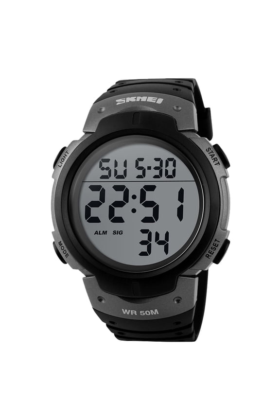 Electronic sports watch | multi-function digital chronograph | waterproof 50M | luminous display | rugged all-black silicone strap | stopwatch timer alarm | durable long battery