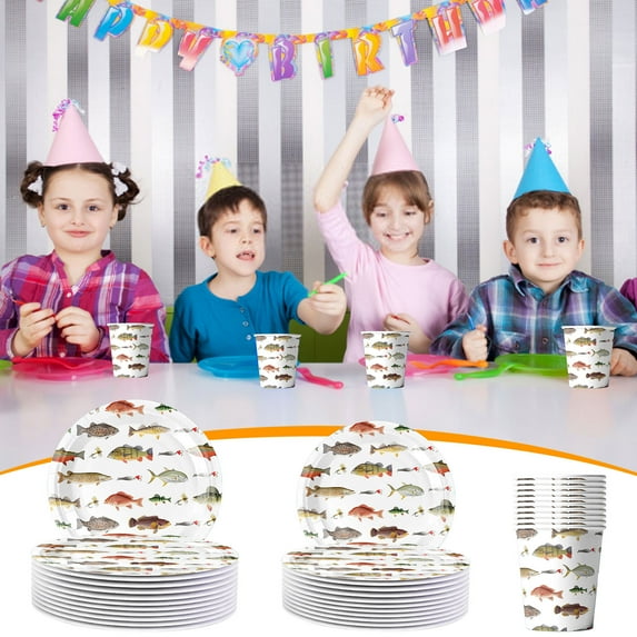 Blaxill Fishing Theme Birthday Party Decorations | Disposable Tableware Set for Celebration | Plates Cups Napkins Festive Design | Easy Cleanup | Complete Party Supplies | Fish Motif | 1 Pack