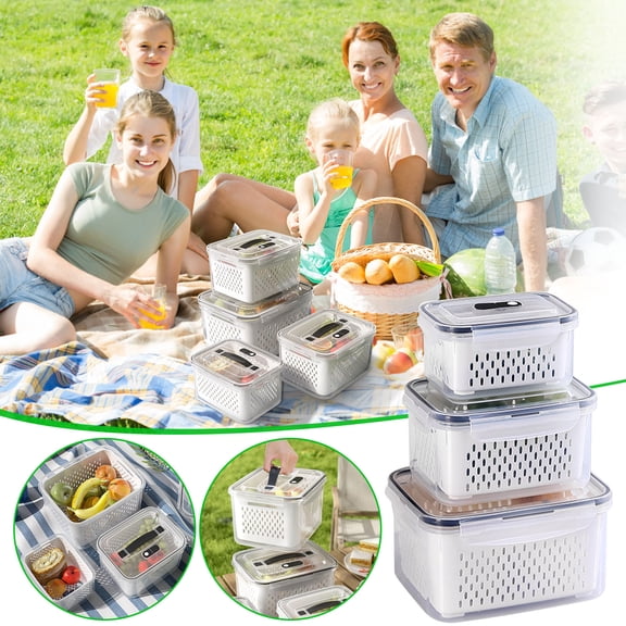 Blaxill Leakproof Food Storage Container Removable Colander | Microwave & Dishwasher | Fresh Produce Keeper for Fruits Vegetables Meat | 4-Hinge Lock | 1 Pack Various Sizes