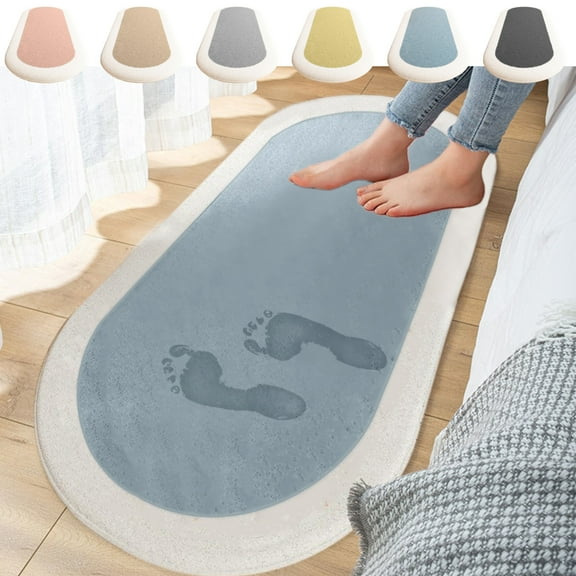 Blaxill Long Plush Oval Bedroom Runner Rug | Velvet Fleece Soft Thick Foam Mat | Non-Slip Latex Back | Water Absorbent | Machine Washable | 40x80 cm | Gray Khaki Green Pink Blue