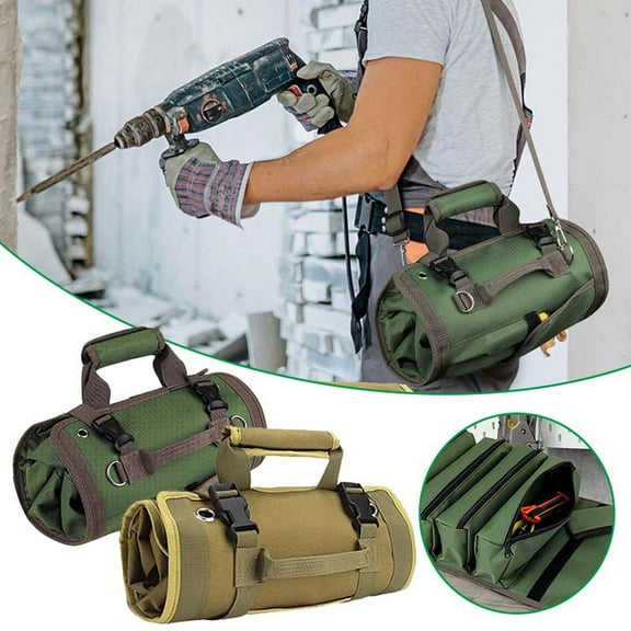 Blaxill Multifunctional Tool Roll Up Bag Organizer | Canvas Car Garage Storage | 5 Zipper Pockets for Wrench Screwdriver Socket | Heavy Duty Electrician Garden Use | 28x22x8cm