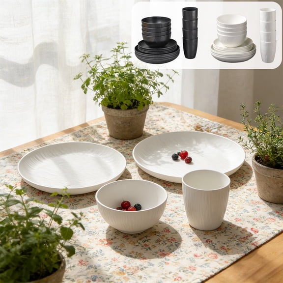 Blaxill Plastic Dinnerware Set 16-Piece | Includes 8 Plates 4 Bowls 4 Cups | Microwave & Dishwasher Safe | Shatterproof Lightweight Wheat Straw | Black White | Home Kitchen Use