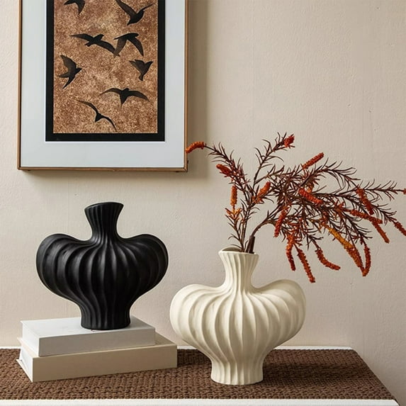 Blaxill Plastic Imitation Glazed Vase White Black | Large Modern Decorative Flower Pot for Living Room Bedroom Kitchen | Glossy Surface | 25.5x23cm | Single Piece