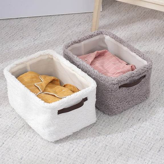 Blaxill Plush Fabric Storage Box Organizer 13x9x7in Fuzzy Collapsible Bin with Handles | Soft Nylon Basket for Closet, Bedroom, Laundry, Towels, Pet Supplies, 1pc, Gray/White