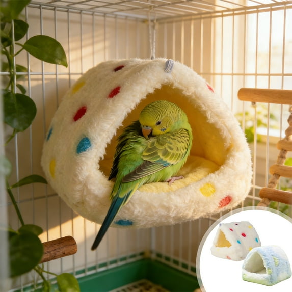 Blaxill Plush Winter Parrot Nest Hammock | Warm Thick Cotton Hanging Bed for Birds | Soft Fleece Cozy Cage House | 15x15x14cm | White Blue | Space-Saving Secure Design