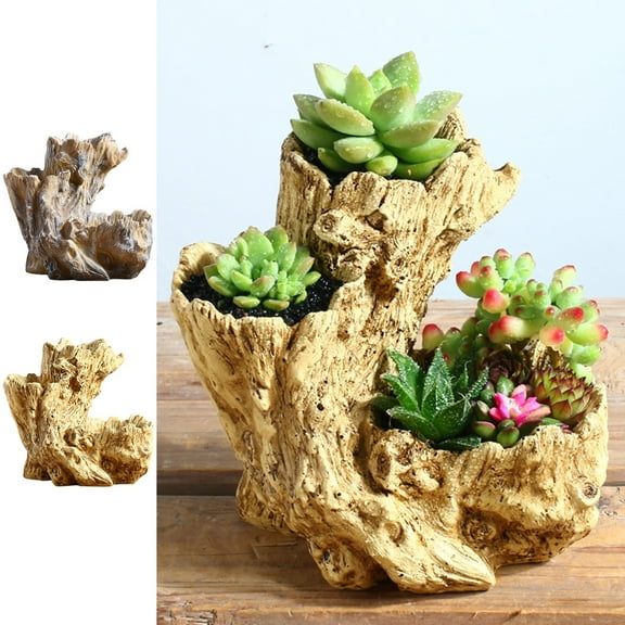 Blaxill Resin Stump Flower Pot | Artificial Tree Stump Planter | 3-Section Multi-Plant Display | Lightweight Faux Bonsai Style | 21x19x16cm | Brown/Yellow | Balcony Decor