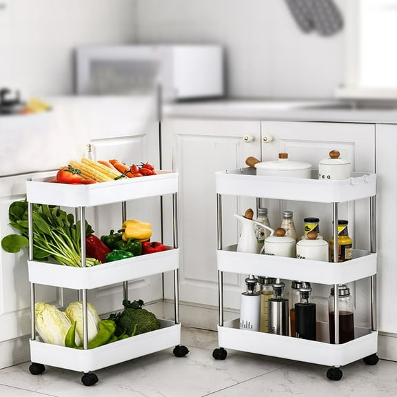 Blaxill Rolling Storage Trolley | 3 Tier Mobile Shelving Unit | Adjustable Plastic Stainless Steel Organizer with 4 Rotating Wheels & Side Hoops | White | 15.75x8.66x24.21 in | 1 Pack