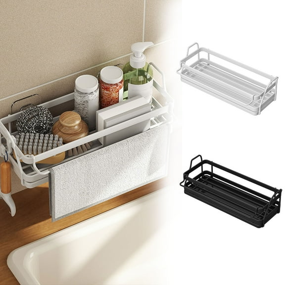 Blaxill Sink Caddy Organizer Metal Storage Rack | Removable Drip Tray | Rustproof, Waterproof Holder for Sponges, Brushes, Rags | White Black | 25.5x10x7.6cm