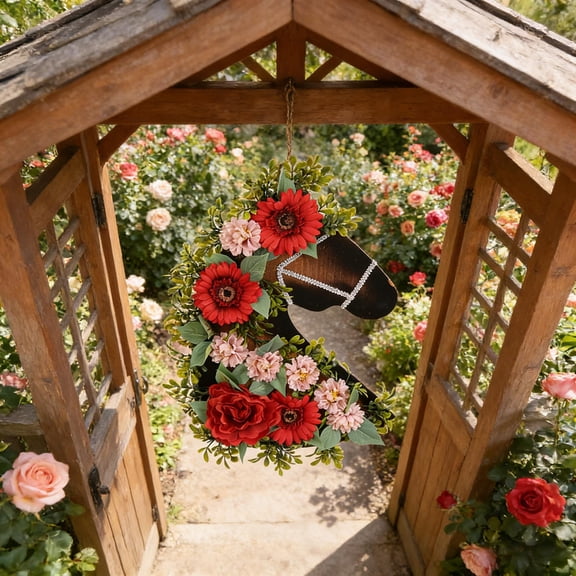 Blaxill Spring Wreath, Horse Head Shaped, Home Decor, Front Door Decoration, 21.6 In Multicolor Wood, Spring/Horse Year Display