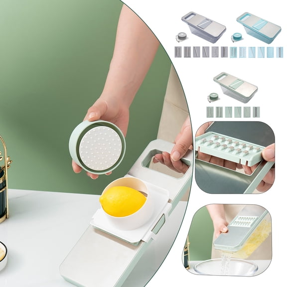 Blaxill Vegetable Chopper Set | Multifunction Food Cutter & Dicer | 6 Stainless Steel Interchangeable Blades | Large Container Tray | Easy Clean | 11 x 4.3 x 3.9 in | Green/Gray/Blue