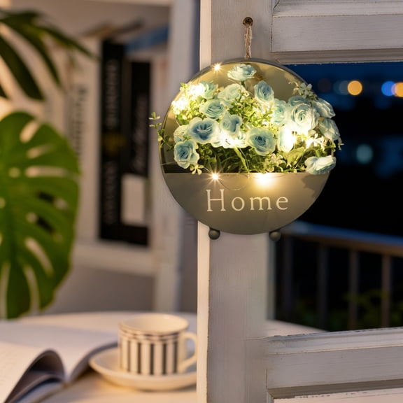 Blaxill Wall Decor, Artificial Flower, LED Lights, Metal Hanging Planter, 8.07"x7.87"x2.36", for Living Room Bedroom Kitchen Bathroom