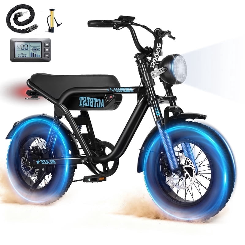 Blaze 16" Electric Bike for Adults/Teens, Peak 1200W 55 Miles 25Mph Full Suspension Fat Tire Electric Motorcycle,Black & Blue with Lock