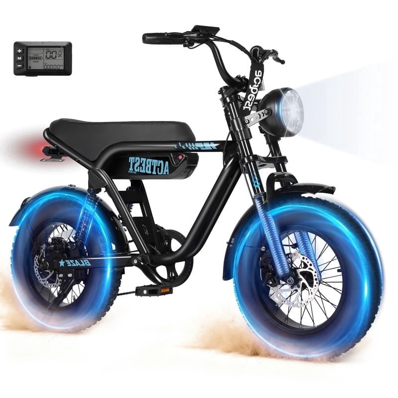 Blaze 16" Electric Bike for Adults/Teens, Peak 1200W 55 Miles 25Mph Full Suspension Fat Tire Electric Motorcycle,Black & Blue