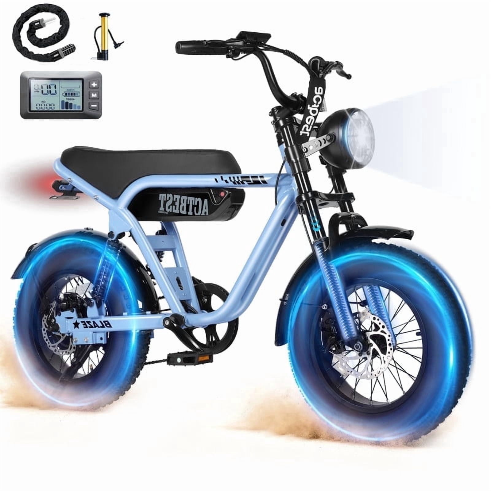 Blaze 16" Electric Bike for Adults/Teens, Peak 1200W 55 Miles 25Mph Full Suspension Fat Tire Electric Motorcycle,Blue with Lock