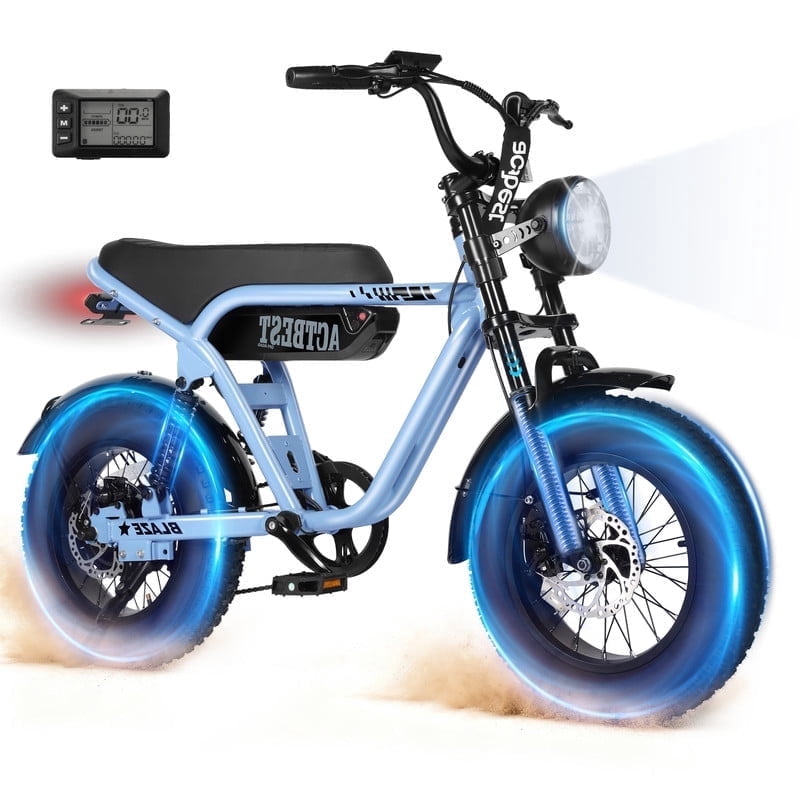 Blaze 16" Electric Bike for Adults/Teens, Peak 1200W 55 Miles 25Mph Full Suspension Fat Tire Electric Motorcycle,Blue