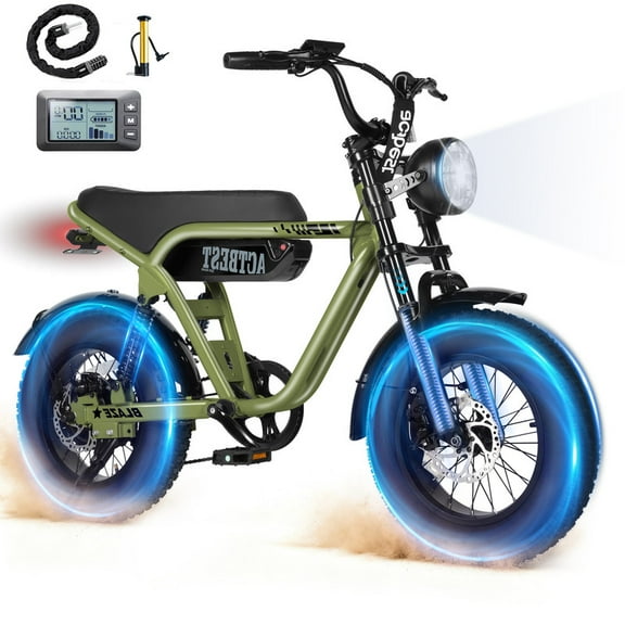 Blaze 16" Electric Bike for Adults/Teens, Peak 1200W 55 Miles 25Mph Full Suspension Fat Tire Electric Motorcycle,Green with Lock