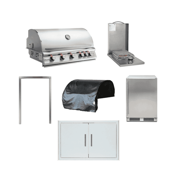 Blaze 40-Inch 5-Burner Built-In Liquid Propane Outdoor Kitchen Bundle with Side Burner, Double Access Doors, 5.5 cu. ft. Fridge, Trim Kit & Cover