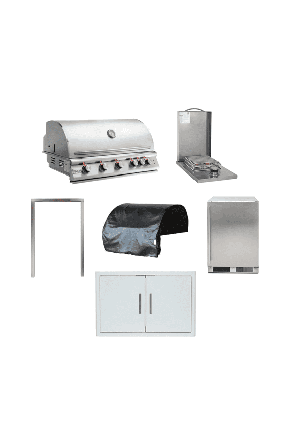 Blaze 40-Inch 5-Burner Built-In Natural Gas Outdoor Kitchen Bundle with Side Burner, Double Access Doors, 5.5 cu. ft. Fridge, Trim Kit & Cover