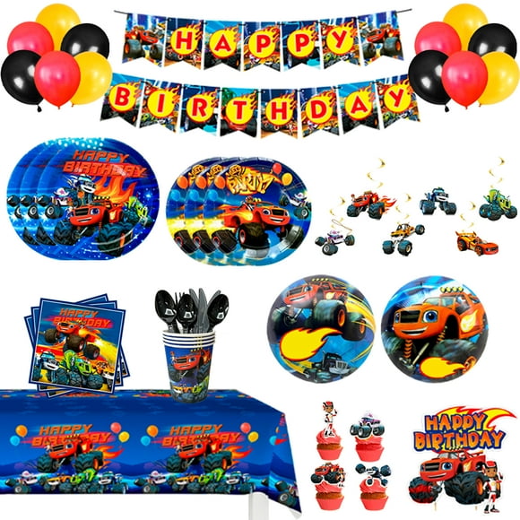 Blaze Birthday Party Supplies,119 Pcs Blaze and The Monster Machines Party Supplies Set-Blaze Plates Cups Cake Topper Table Cloth Banner Balloons ect Blaze Party Decorations,for 10 Guests
