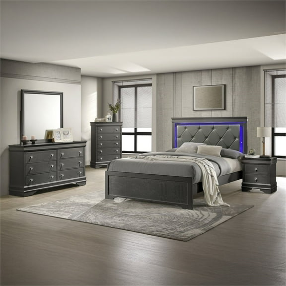Blaze Modern Style Full 5PC bedroom set made with Wood & LED Headboard in Gray