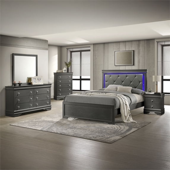 Blaze Modern Style King 5PC bedroom set made with Wood & LED Headboard in Gray