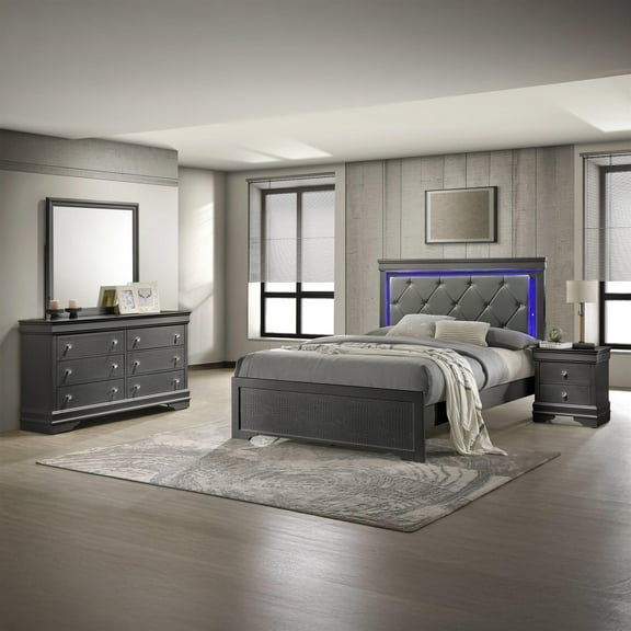 Blaze Modern Style Queen 4PC bedroom set made with Wood & LED Headboard in Gray