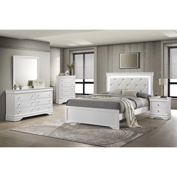 Blaze Modern Style Queen 5PC bedroom set made with Wood & LED Headboard in White