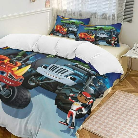 Blaze And The Monster Machines Duvet Cover Bedding Set Cartoon Print Soft Quilt Cover 3 Pieces, 1 Comforter Cover & 2 Pillowcases for Kids Teens Boys Girls Room Decor 90"x90"